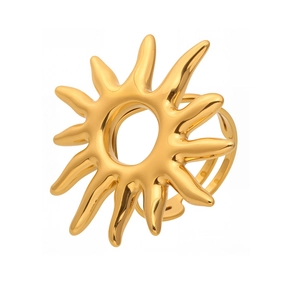 Exaggerated golden sunburst open ring in 18k gold plated stainless steel on white back