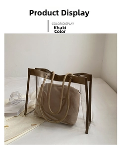 Detail of khaki PVC transparent tote bag with rope handles and inner pouch