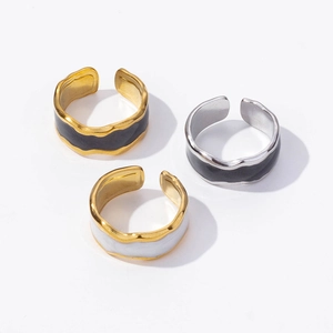 Irregular 304 stainless steel open rings with black and white enamel in gold and silver