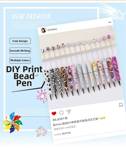 Macro shot of assorted beadable pens with leopard, floral, and cow patterns for DIY crafting