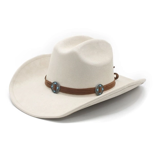 Chapeau de cowboy rétro blanc crème en suédine avec bandeau perlé turquoise et large bord