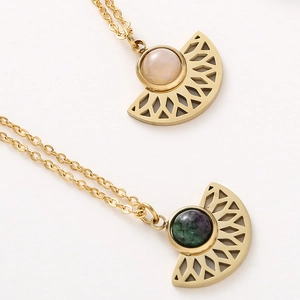 Chic fan-shaped stainless steel necklaces with natural stones on gold chain