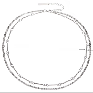 Detail of layered stainless steel necklace with 4mm box chain and 2mm handcrafted link chain