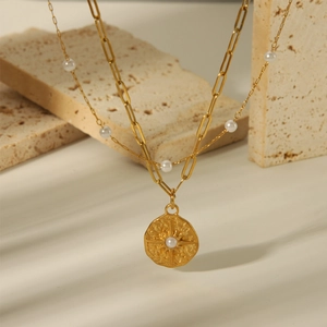Double Layer Necklace Stainless Steel 18K Gold Plated Paperclip Chain Sunburst Compass Pendant Artificial Pearl Vintage For Women