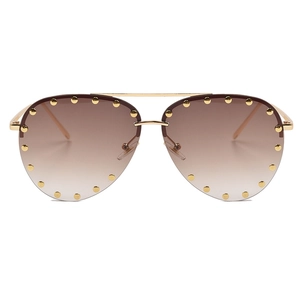 Fashionable pilot sunglasses with brown gradient lenses and gold studded metal half-frame