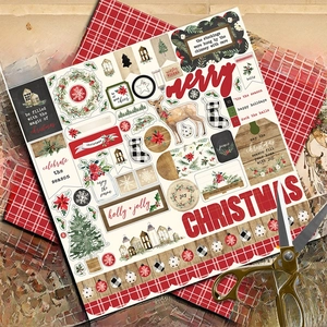 Vintage Christmas plaid scrapbook paper set with festive stickers and gold scissors