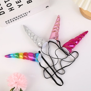 Unicorn horn headbands in silver, pink, and rainbow colors with elastic band for kids