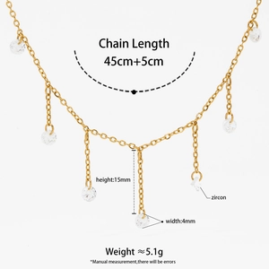 Gold stainless steel necklace with round zircon pendants and detailed sizing info