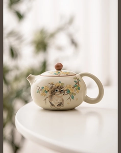 Close-up of a Ru-ware ceramic teapot with a cute hand-painted tabby cat and yellow flowers