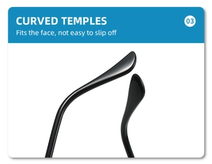 Detail view of ergonomic curved black temples for secure and comfortable sunglass fit