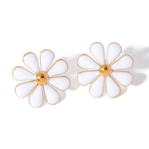 18k gold plated stainless steel white daisy stud earrings with enamel flower design