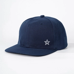 Navy blue flat brim baseball cap with silver pentagram embroidery in a profile studio view