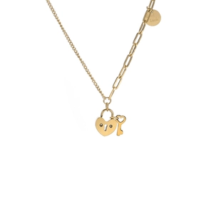 Gold 18k heart lock and key necklace with pearl chain and Good Luck engraved pendant