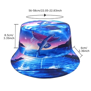 Blue ocean fisherman bucket hat with flying fish print and detailed size specifications