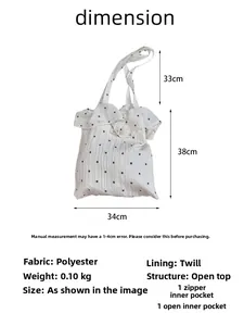 Detailed size chart of floral chiffon ruffled tote bag with dimensions and material info