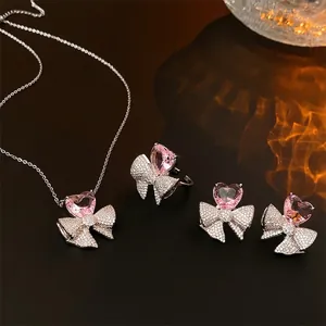 Parure bijoux cœur rose et nœud en argent avec collier bague et boucles d'oreilles