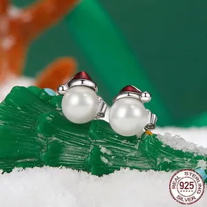 925 sterling silver Christmas hat pearl stud earrings for women with festive design