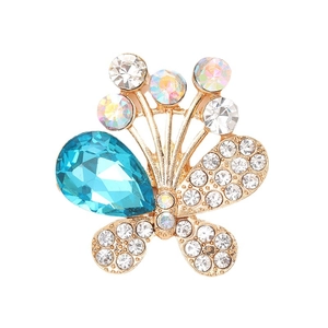 Zinc alloy butterfly pendant with blue crystal teardrop and rhinestones on gold base