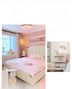 Pink girls bedding set with cute cartoon pattern and soft star lamp decoration