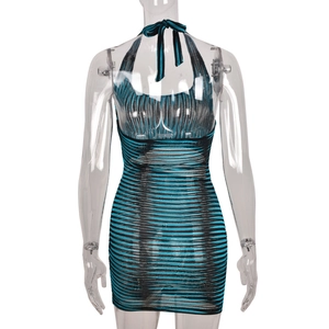 Detail of blue and black striped halter knit dress showing shoulder cutout and slim fit