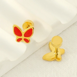 Boucles d'oreilles papillon en or rose 18K avec fermoirs disque sur fond texturé blanc