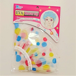 Waterproof EVA shower cap with red yellow and blue polka dots and white lace trim