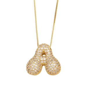 Gold plated balloon letter A necklace pendant with sparkling zircon stones and box chain