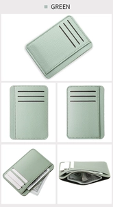 Detail view of mint green pebble leather card holder showing multiple slots and slim design