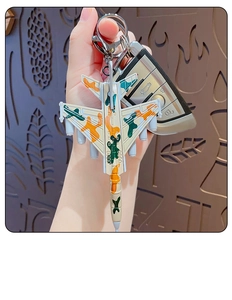Detail of desert camouflage fighter jet keychain made of soft PVC with metal ring