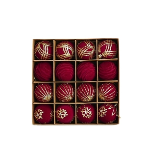 16pcs Burgundy and gold Christmas ornaments set with snowflake patterns in a kraft box