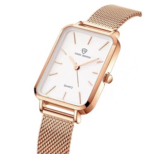 Elegant rose gold square quartz watch for women with a Milanese mesh steel strap