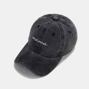Vintage washed charcoal grey baseball cap with white mama embroidery and curved brim