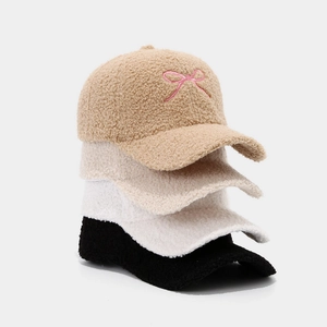 Winter faux shearling baseball caps with bow embroidery in khaki beige white and black