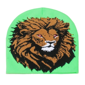 Macro detail of lion pattern on fluorescent green knit beanie with high-density stitching