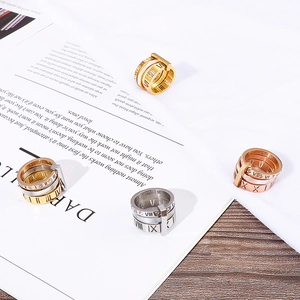 Polished stainless steel Roman numeral rings with crystal inlay in gold, silver, and rose gold