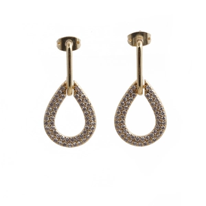 Macro detail of gold teardrop earrings with clear pavé cubic zirconia inlay
