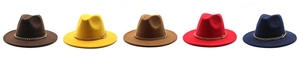 Classic wide brim fedora hats in multiple colors with decorative gold chain details