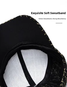 Détail de la casquette en tweed montrant la bande de coton et la doublure intérieure