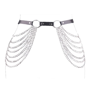 Punk style multi-layer silver chain waist belt made of black PU leather for women