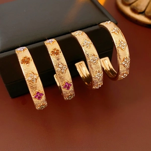 C-Shape Hoop Earrings Alloy Textured Zircon Flower Design With Silver Earring Post Vintage Fashion Jewelry For Women