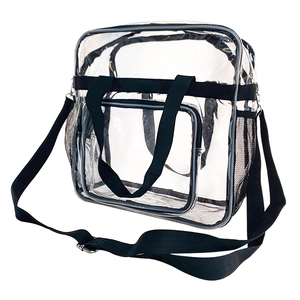 Transparente PVC-Tragetasche mit schwarzen Riemen und Netztasche für Reisen und Sicherheit