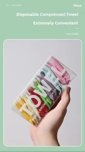Detail of 14-piece travel compressed towels in portable colorful candy packaging