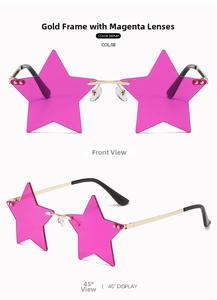Detailed views of rimless star-shaped sunglasses in magenta lens and gold metal frame