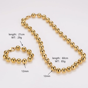 Detail view of 12mm golden stainless steel bead necklace and bracelet with dimensions