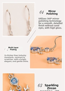 Detailed macro view of S999 silver deer antler earrings with blue teardrop zircon stone