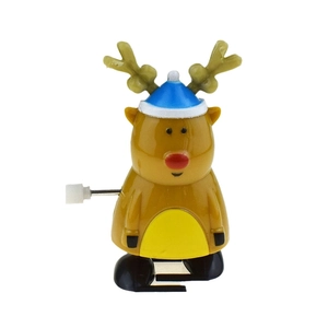 Jouet de renne de Noël à remonter marron avec bonnet bleu et petit nez rouge