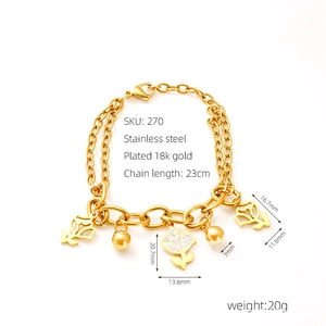 Detail of 18k gold plated double-layer tulip flower bracelet with white rhinestones