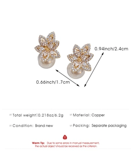Macro detail of elegant flower pearl earrings with micro-inlaid zircons and dimensions