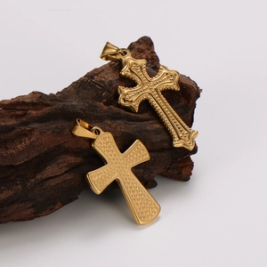 Cross Pendant Necklace 304 Stainless Steel Embossed Dotted Texture Gold Plated Religious Fashion Jewelry For Men Women