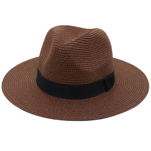 Classic dark brown Panama straw hat with black ribbon band and wide brim for sun protection